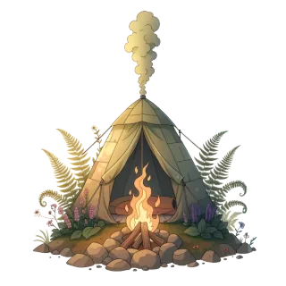 Ein Lager mit einem Zelt am Lagerfeuer.