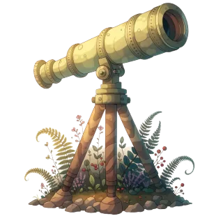 Illustration der Forschungs-Gebäude in Terra Incognita, ein Messingfernrohr auf einem Holzstativ.