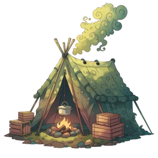 Das erste Hauptquartier in Terra Incognita, ein bemoostes, geflicktes Zelt mit einem Kochtopf über dem Lagerfeuer.