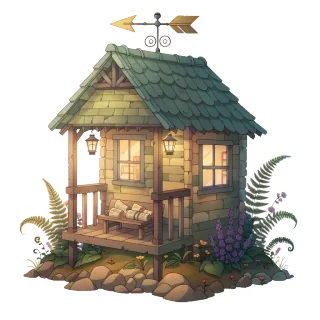 Ein mittleres Hauptquartier in Terra Incognita, eine Holzhütte mit Schindeldach, überdachter Veranda und beleuchteten Fenstern.