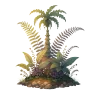 Eine üppige Palme mit Farnen auf einem Stück Dschungelboden.