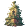 Eine moosbewachsene Steinruine, gekrönt von einer alten Säule.