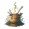 A steaming cooking pot with a wooden ladle.