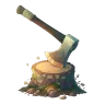 An axe stuck in a chopping stump.