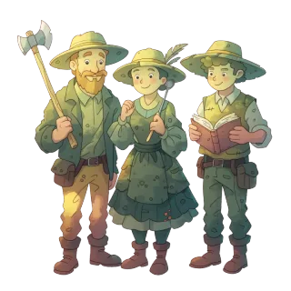 Three settlers carrying an axe, a ladle and a notebook.