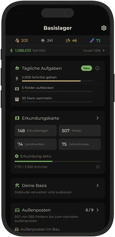 Der Basislager-Bildschirm von Terra Incognita mit drei täglichen Aufgaben, einem laufenden Küchen-Ausbau, Karten-Statistiken und dem Logbuch.