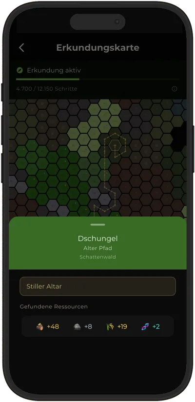 Ein frisch aufgedecktes Dschungel-Gebiet in Terra Incognita, mit dem Namen der Landmarke und den gefundenen Mengen an Holz, Stein, Nahrung und Proben.