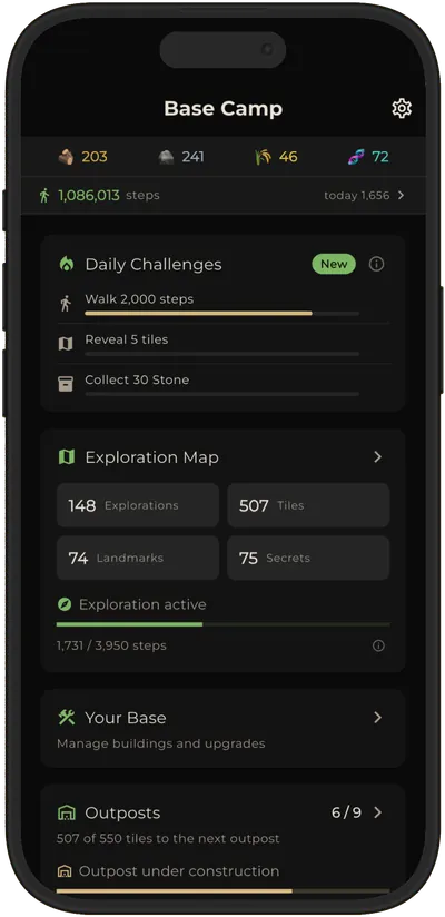 The base camp screen of Terra Incognita with three daily challenges, a running kitchen upgrade, map statistics and the logbook.
