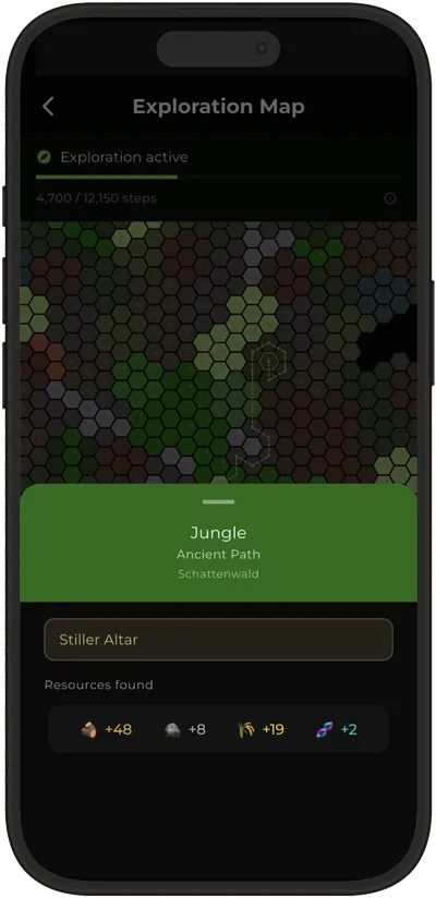 A freshly revealed jungle area in Terra Incognita, showing its landmark name and the wood, stone, food and samples it produced.