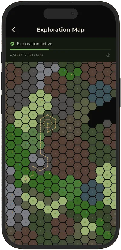 The exploration map of Terra Incognita, with a route drawn from the base camp through misted tiles toward a landmark, and a step counter showing the progress.