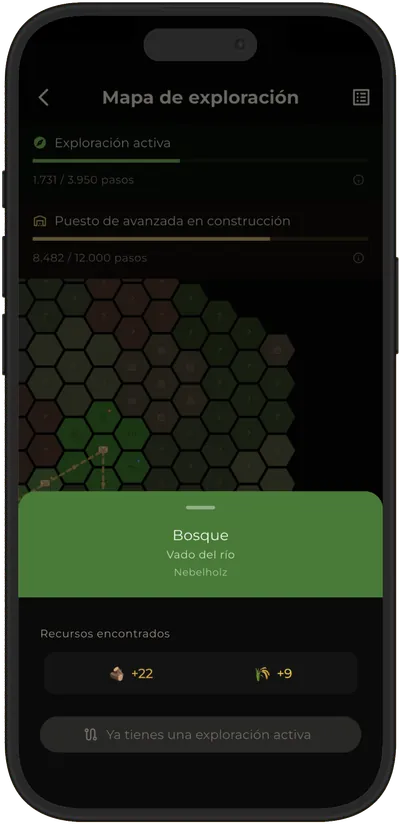 Una zona de selva recién revelada en Terra Incognita, que muestra el nombre de su lugar emblemático y la madera, piedra, comida y muestras que produjo.