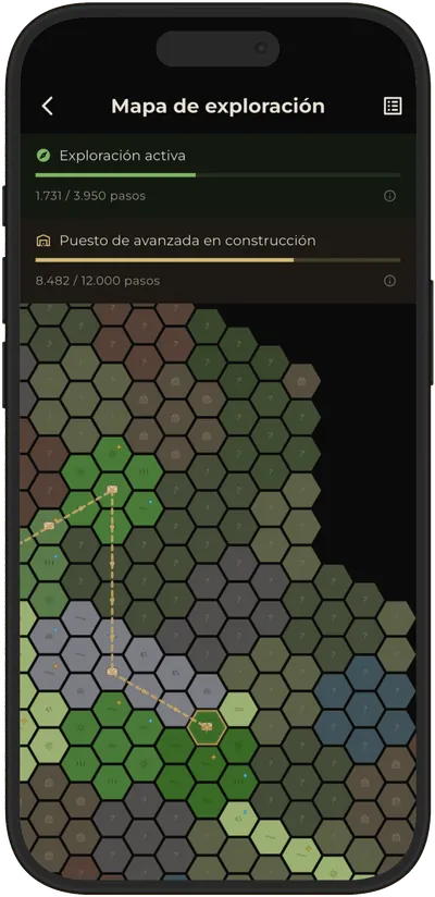 El mapa de exploración de Terra Incognita, con una ruta trazada desde el campamento base a través de casillas cubiertas de niebla hacia un lugar emblemático, y un contador de pasos que muestra el progreso.